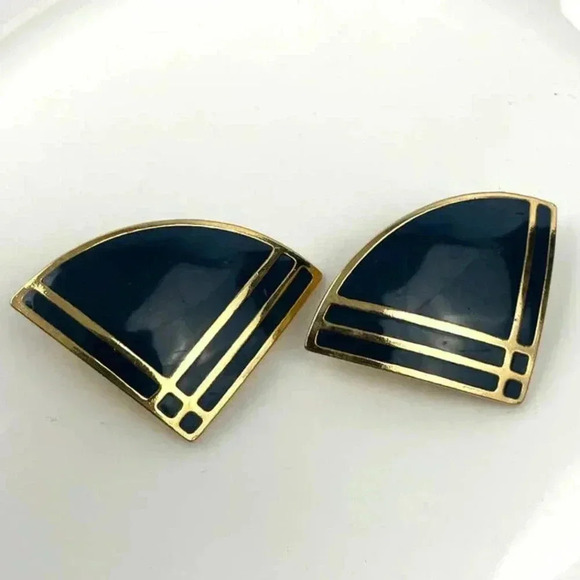 VTG Green-Blue Enamel L. Bott Clip On Earrings Gold Tone Signed - Picture 5 of 8